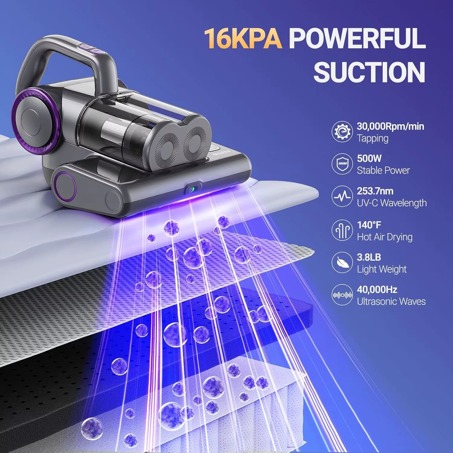 Mattress Vacuum Cleaner, 16Kpa Bed Vacuum Cleaner with 253.7nm UV-C Light