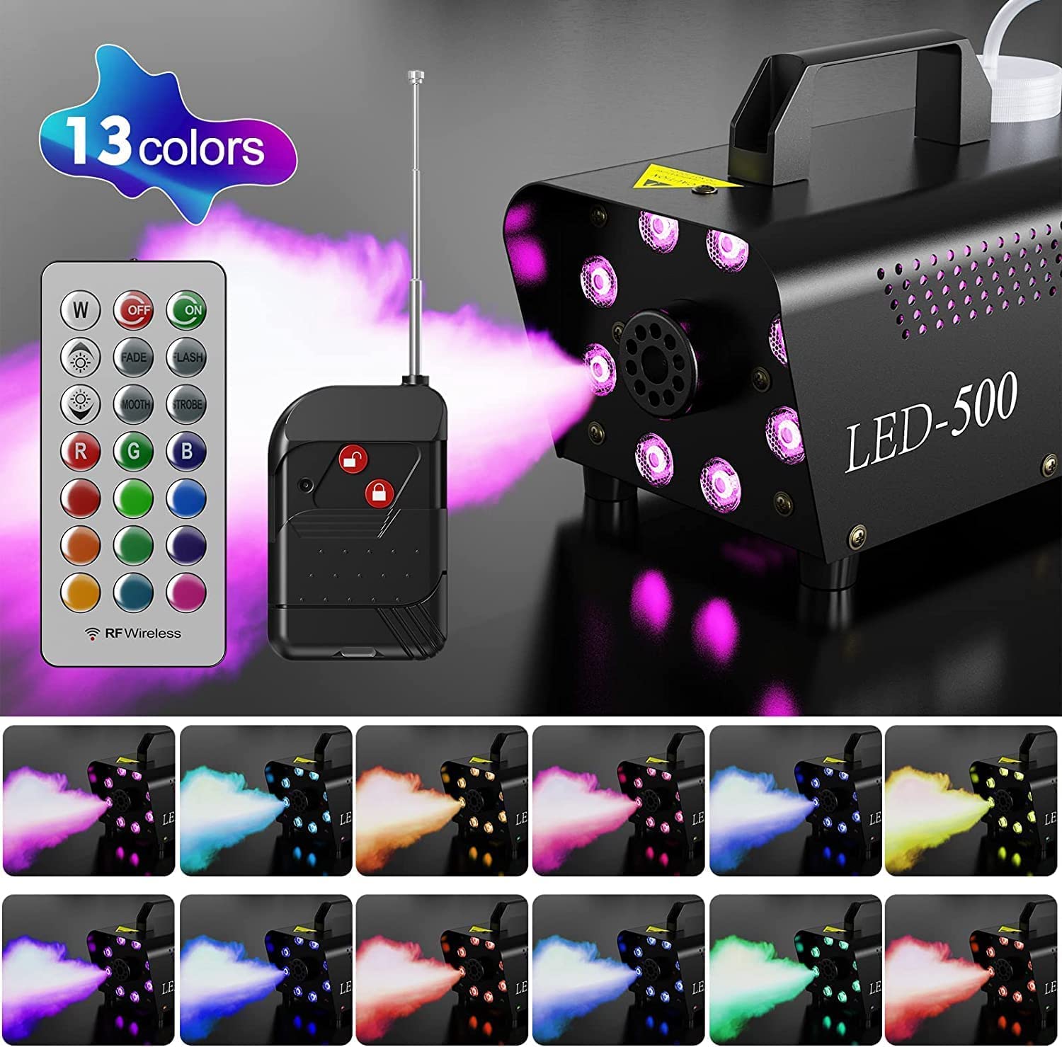 Fog Machine, Smoke Machine with 13 Colorful LED Lights